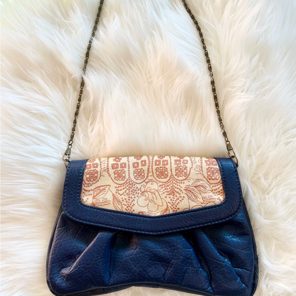 Blue Pleated Clutch with Chain Strap